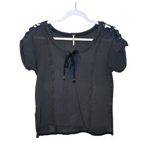 Free People Strawberry Fields Perforated Top Women XS Black Cuffed Sleeves‎ Boho